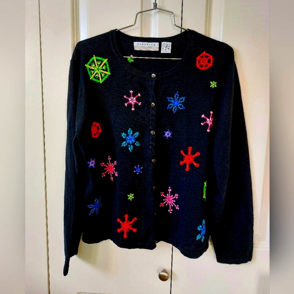 Rainbow Christmas Snowflake Embroidered Black‎ Cardigan size Medium